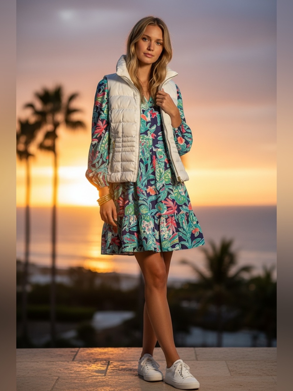 Lilly Pulitzer Reversible Down Puffer Vest White Gold 2-Way Zip Size S